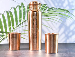 Gift Set - Copper Bottle 7 Chakra 100% Pure Copper with Heart Chakra Glass / Water Bottle / 1000ml / Meditation / Gym / Yoga from India