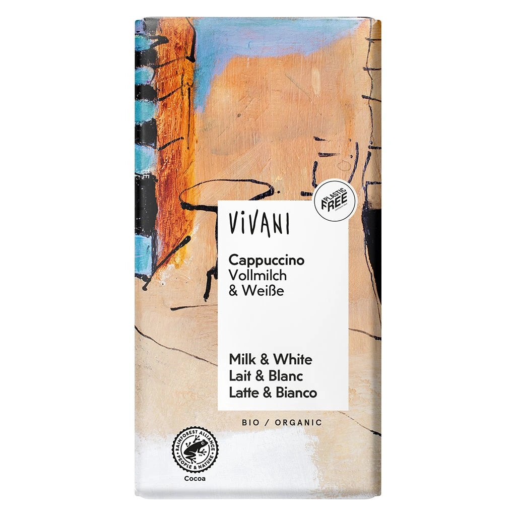 Cappuccino'nun zengin aromasına sahip organik çikolata 100 gr %100 Biyo