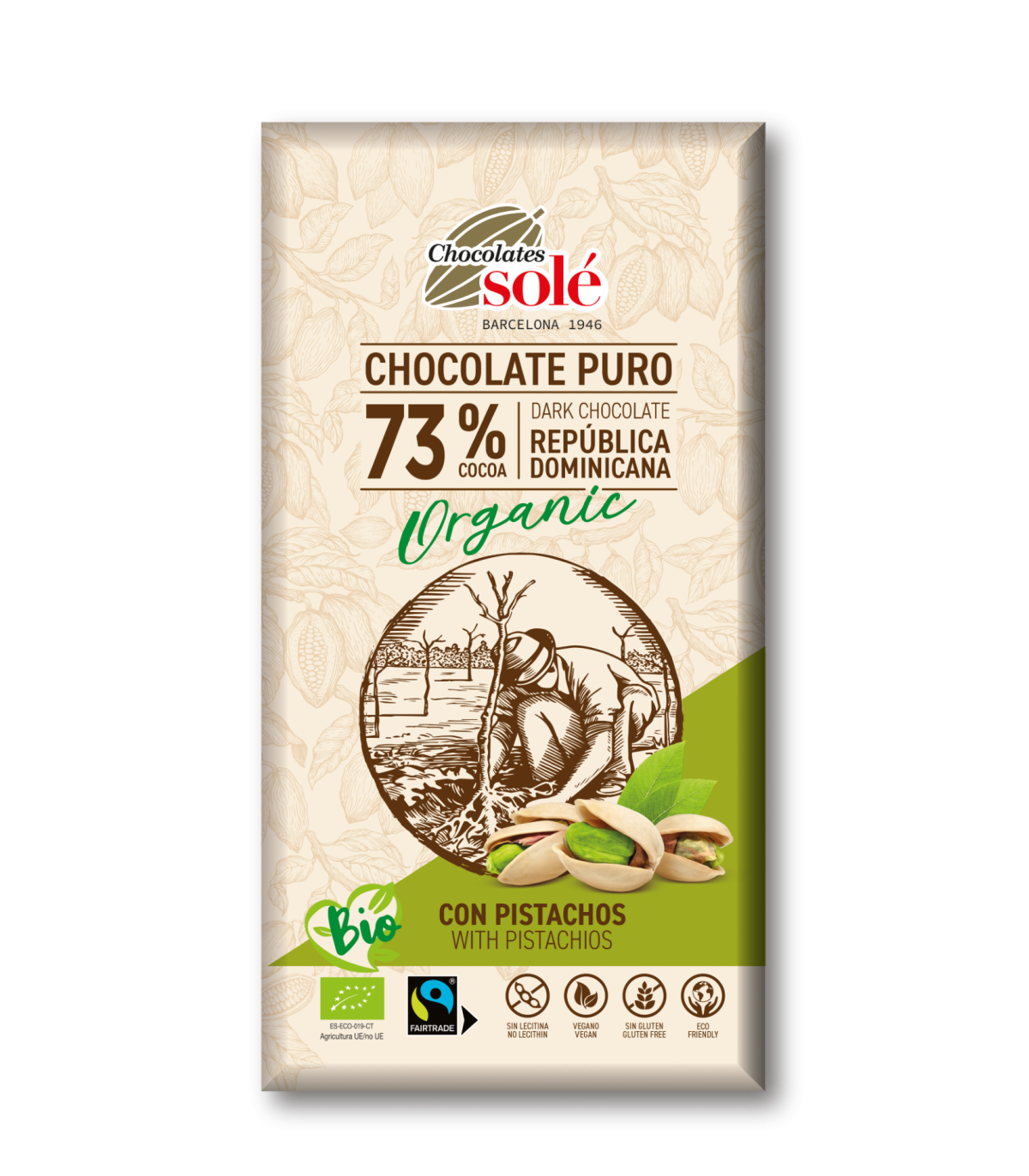 Dark Chocolate 73% Cocoa with Pistachios 135g BIO